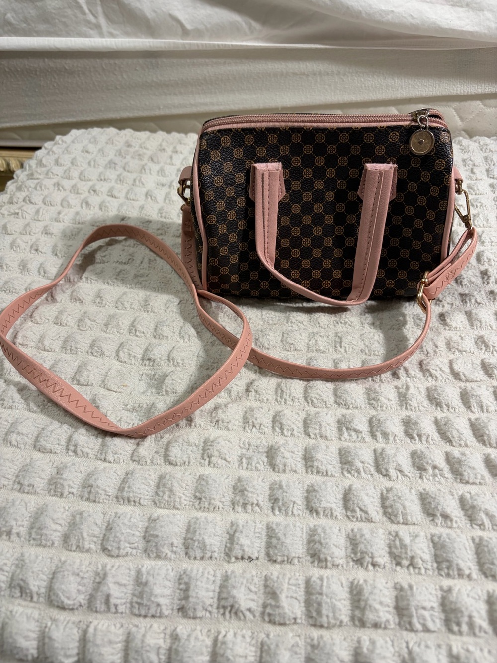 Mini bag Brown Monogram Crossbody Satchel with Pink Trim